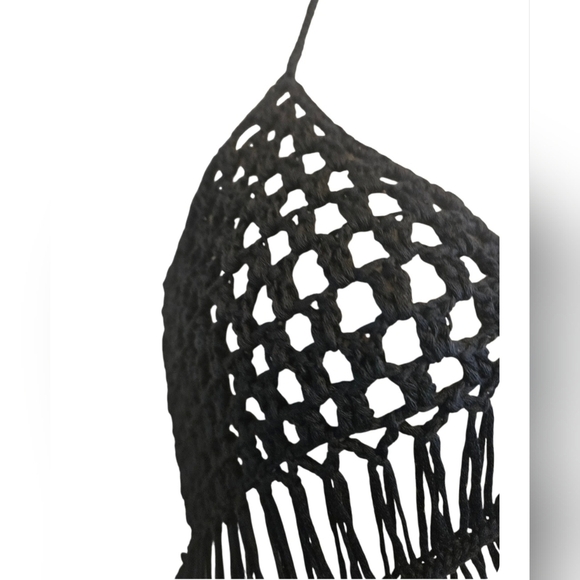 Crochet Swim Cover Up Black Open Back Fringe Boho Crop Top - Picture 5 of 16